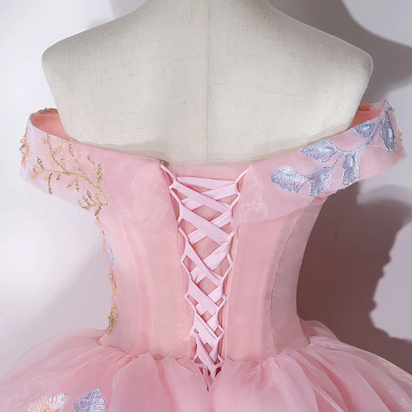 Elegant Candy Pink Prom Dresses 2021 Ball Gown Off-The-Shoulder Beading Pearl Rhinestone Lace Flower Sleeveless Backless Floor-Length / Long Prom Formal Dresses