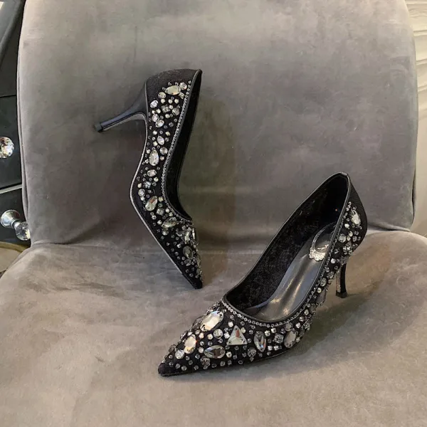 Sparkly Charming White Lace Rhinestone Wedding Shoes 2021 Tulle 7 cm Stiletto Heels Pointed Toe Wedding Pumps