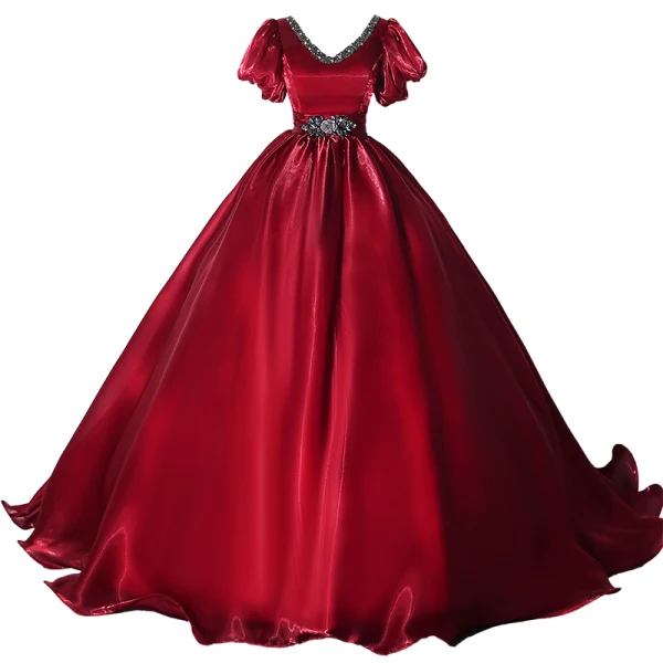 Classy Burgundy Prom Dresses 2021 Ball Gown V-Neck Crystal Rhinestone Short Sleeve Backless Floor-Length / Long Prom Formal Dresses