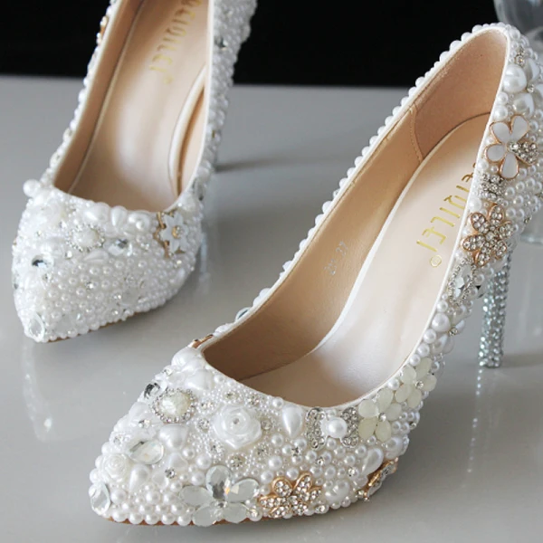 Fabuleux Ivoire Cristal Chaussure De Mariée 2021 Perle Faux Diamant 10 cm Talons Aiguilles Talons Hauts À Bout Pointu Mariage Escarpins