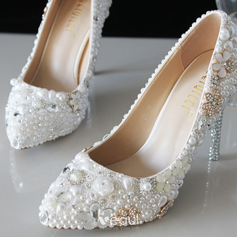 Fabulous Ivory Crystal Wedding Shoes 2021 Pearl Rhinestone 10 cm