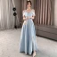 Modest / Simple Sky Blue Satin Bridesmaid Dresses 2021 A-Line / Princess Off-The-Shoulder Short Sleeve Backless Floor-Length / Long Bridesmaid Wedding Party Dresses