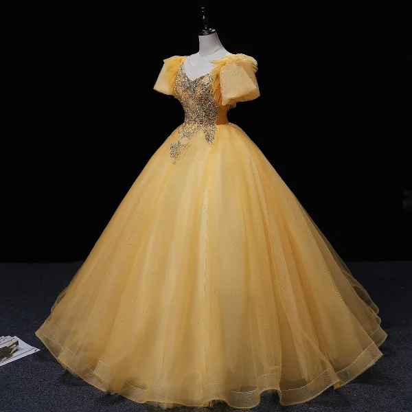 Elegant Champagne Beading Pearl Sequins Prom Dresses 2022 Ball Gown Scoop Neck Short Sleeve Backless Floor-Length / Long Formal Dresses