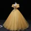 Elegant Champagne Beading Pearl Sequins Prom Dresses 2022 Ball Gown Scoop Neck Short Sleeve Backless Floor-Length / Long Formal Dresses