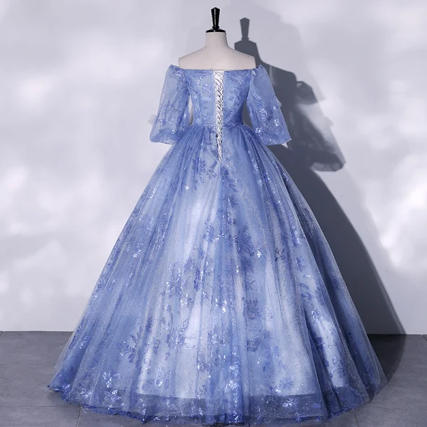 Chic / Beautiful Ocean Blue Appliques Sequins Prom Dresses 2022 Ball Gown Off-The-Shoulder Short Sleeve Backless Floor-Length / Long Formal Dresses