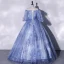 Chic / Beautiful Ocean Blue Appliques Sequins Prom Dresses 2022 Ball Gown Off-The-Shoulder Short Sleeve Backless Floor-Length / Long Formal Dresses