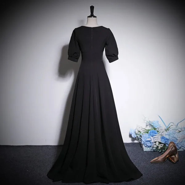 Elegant Black Rhinestone Prom Dresses 2023 A-Line / Princess Scoop Neck Short Sleeve Floor-Length / Long Prom Formal Dresses