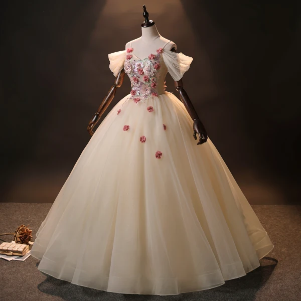 Charming Ball Gown Quinceañera Champagne Flower Prom Dresses 2024 Spaghetti Straps Floor-Length / Long Tulle Formal Dresses