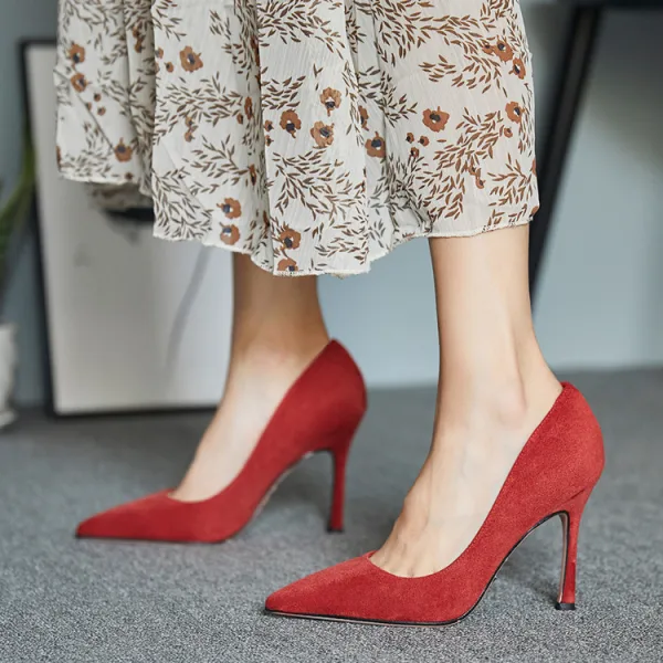 Modest / Simple Burgundy Office OL Suede Pumps 2021 10 cm Stiletto Heels Pointed Toe High Heels