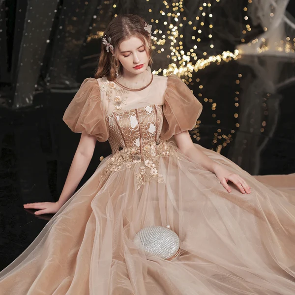 Vintage / Retro Gold Prom Dresses 2021 A-Line / Princess High Neck Beading Appliques Lace Flower Short Sleeve Backless Floor-Length / Long Prom Formal Dresses