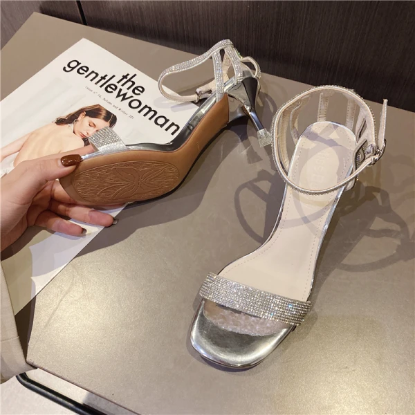 Sexy Argenté Faux Diamant Soirée Sandales Femme 2021 Bride Cheville 6 cm Talons Aiguilles Peep Toes / Bout Ouvert Sandales Talons Hauts