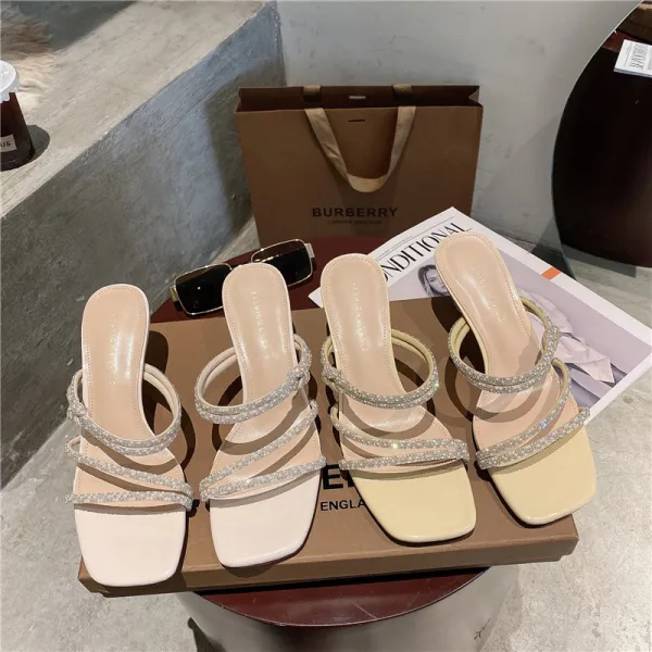 Sexy Beige Vêtement de rue Paillettes Sandales Femme 2021 6 cm Talons Aiguilles Peep Toes / Bout Ouvert Sandales Talons Hauts