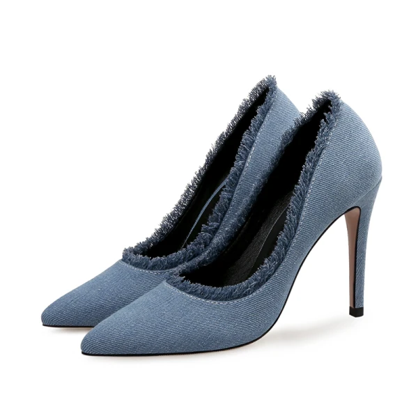 Fashion Pool Blue Street Wear Canvas Pumps High Heels 2021 10 cm Stiletto Heels Pointed Toe Pumps