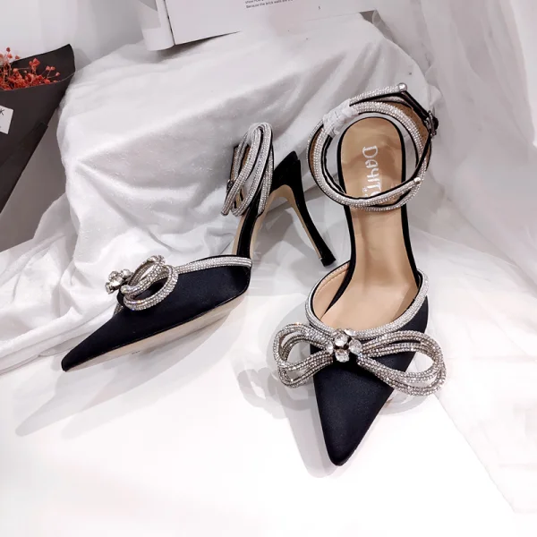 Sexy Charmant Rose Bonbon Rendez-vous Sandales Femme 2021 Bride Cheville Faux Diamant Noeud 9 cm Talons Aiguilles À Bout Pointu Sandales Talons Hauts