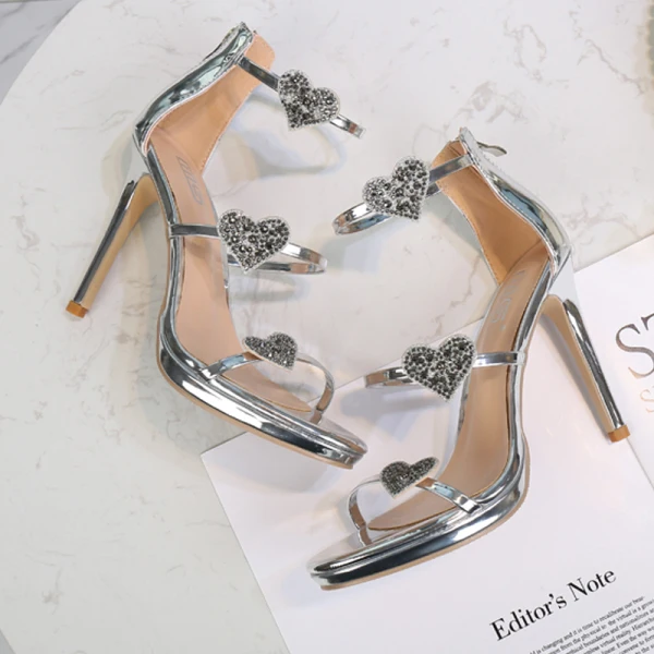 Sexy Champagne Cocktail Faux Diamant Forme de coeur Sandales Femme 2021 10 cm Talons Aiguilles Peep Toes / Bout Ouvert Sandales Talons Hauts