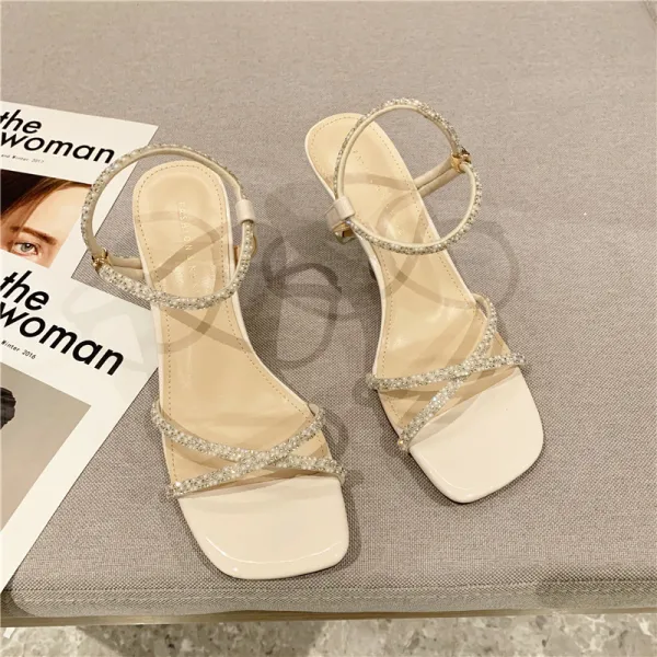 Mode Weiß Strassenmode Knöchelriemen Sandalen Damen 2021 Strass 6 cm Stilettos Peeptoes Sandaletten Hochhackige