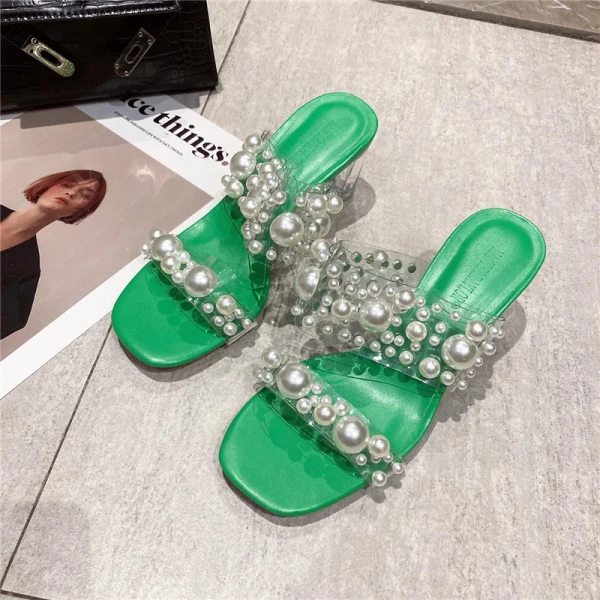 Chic / Beautiful Yellow Street Wear Pearl Womens Sandals 2021 7 cm Crystal Thick Heels Open / Peep Toe Sandals High Heels