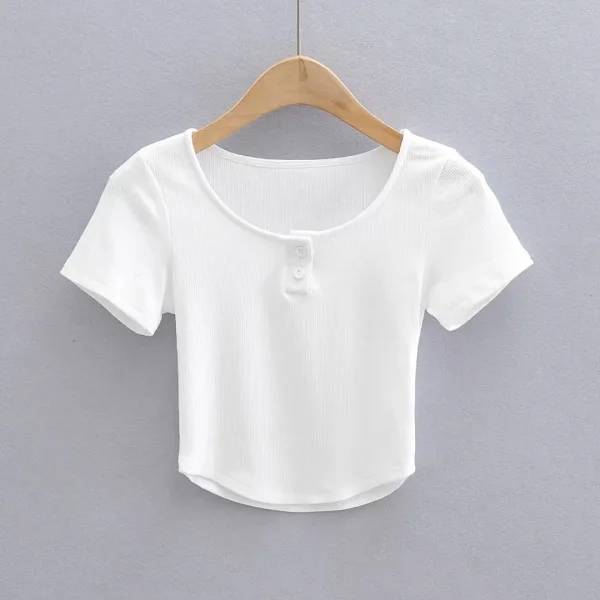 Sexy Blushing Pink Summer Street Wear Tight Buttons T-Shirts 2021 Scoop Neck Short Sleeve Women's Tops