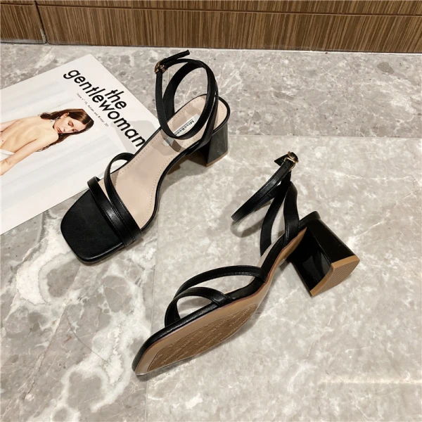 Romain Simple Désinvolte Noire Sandales Femme 2021 Bride Cheville 5 cm Talons Épais Peep Toes / Bout Ouvert Sandales Talons Hauts