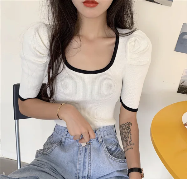 Vintage / Retro Summer Blushing Pink Knitting Tight  T-Shirts 2021 U-Neck Short Sleeve Women's Tops T-shirt