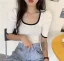Vintage / Retro Summer Blushing Pink Knitting Tight  T-Shirts 2021 U-Neck Short Sleeve Women's Tops T-shirt