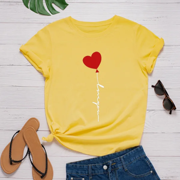 Schön Sommer Schwarz Freizeit Herzförmig Ballon Drucken T-Shirts 2021 Baumwolle Rundhalsausschnitt Kurze Ärmel Lose Damen Oberteile