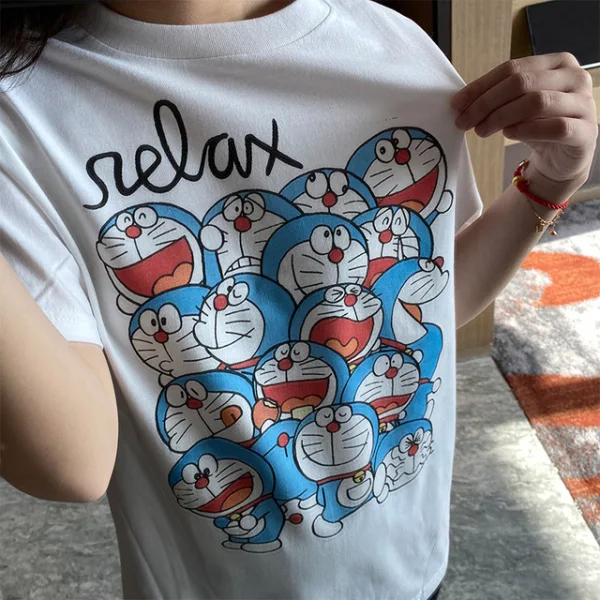 Summer Casual White Cartoon Printing T-Shirts 2021 Cotton Scoop Neck Short Sleeve Women's Tops