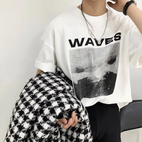 Été Blanche Impression Ample T-Shirts 2021 Encolure Dégagée Coton Hauts pour Femmes