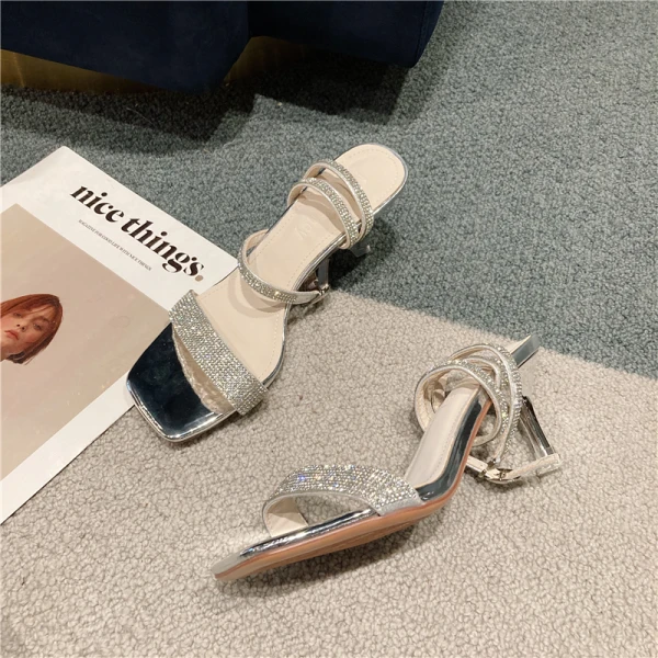 Sexy Beige Evening Party Rhinestone Womens Sandals 2021 6 cm Stiletto Heels Open / Peep Toe Sandals High Heels