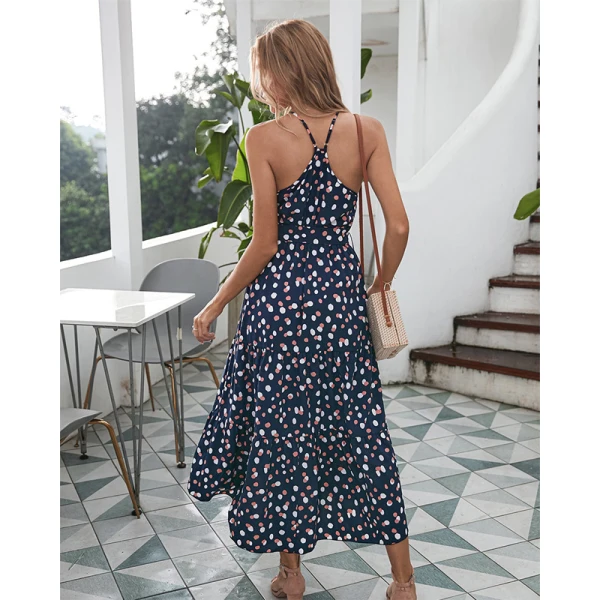 Bohemia Summer Beach Street Wear Black White Spotted 2021 A-Line / Princess Halter Sash Bow Sleeveless Tea-length Maxi Dresses Women Maxi Dresses Dresses