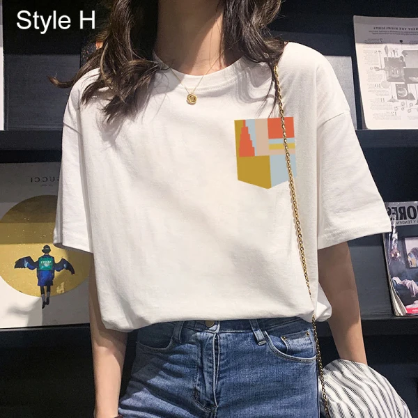 Désinvolte Vêtement de rue Blanche Dessin animé Impression Ample T-Shirts 2021 Coton Encolure Dégagée Manches Courtes Hauts pour Femmes T-shirt