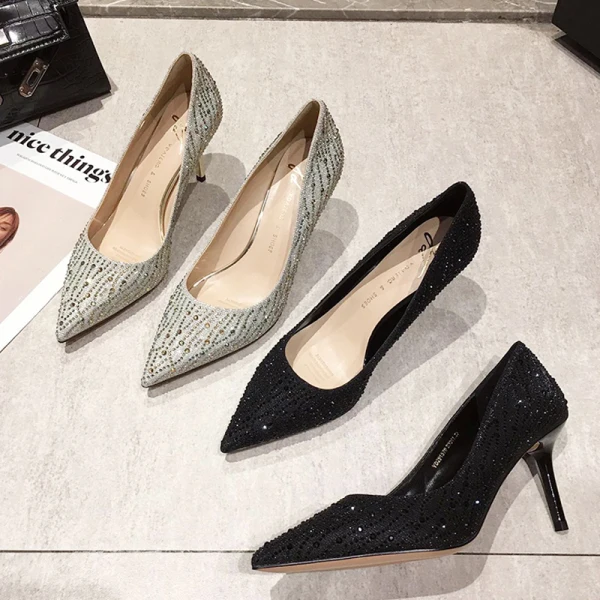 Chic / Beautiful Black Rhinestone Pumps 2021 7 cm Stiletto Heels Evening Party Pointed Toe Pumps High Heels