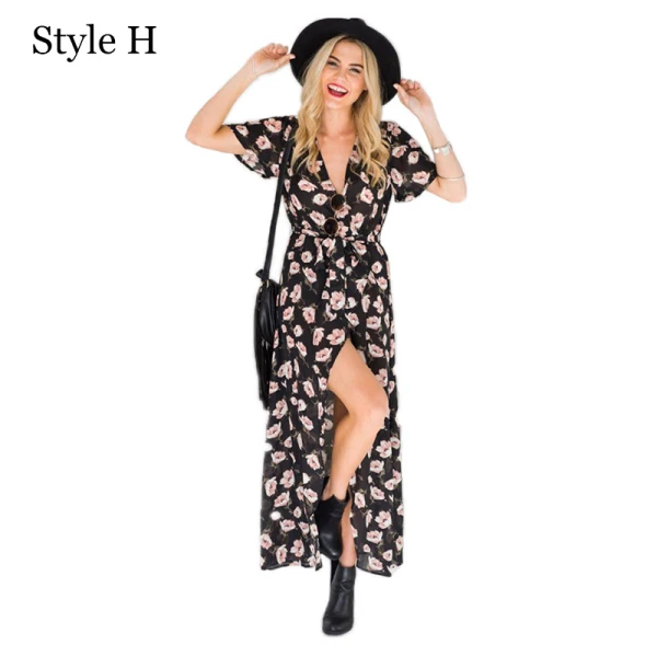 Summer Black Street Wear Beach Floral Maxi Dresses 2021 V-Neck Short Sleeve Women Dresses