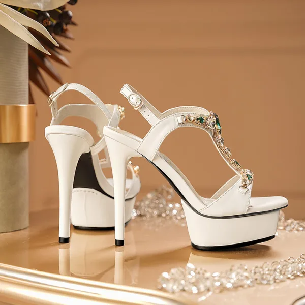 Charmant Sexy Champagne Faux Diamant Soirée Sandales Femme 2021 Cuir T-Strap 12 cm Talons Aiguilles Peep Toes / Bout Ouvert Sandales Talons Hauts