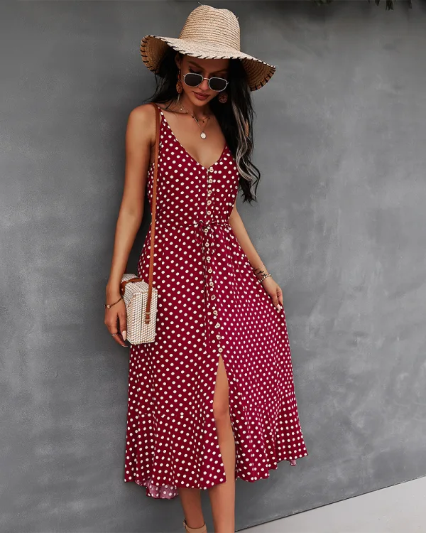 Fashion Summer Street Wear Resort Wear Beach Blushing Pink Spotted Women Dresses 2021 V-Neck Sleeveless Covered Button Sash Loose Tea-length