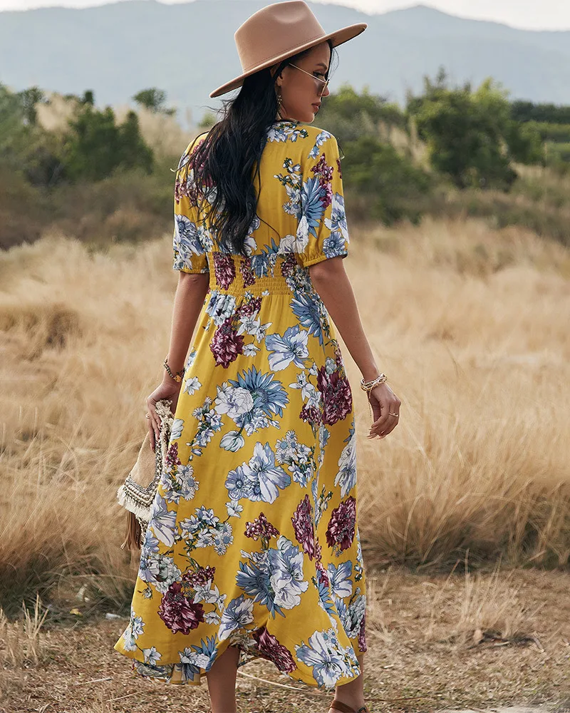 Bohemia Black Summer Resort Wear Street Wear Beach Loose Floral Maxi Dresses  2021 V Neck Short Sleeve Women