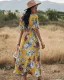 Bohême Noire Été Vêtements de vacances Vêtement de rue Plage Ample Floral Robes longues 2021 V-Cou Manches Courtes Femme