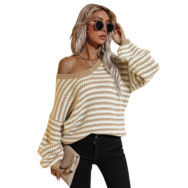 Mode Vert Tricot Rayé Vêtement de rue Ample Chandails 2021 Coton V-Cou Manches Longues Hauts