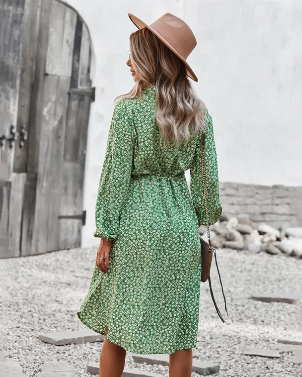 Bohemia Summer Printing Yellow Women Dresses 2021 A-Line / Princess Beach Street Wear Resort Wear V-Neck Sash Long Sleeve Knee-Length