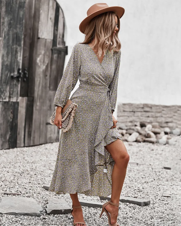 Bohemia Summer Beach Resort Wear Yellow Floral Maxi Dresses 2021 V-Neck Sash Bow Long Sleeve Tea-length