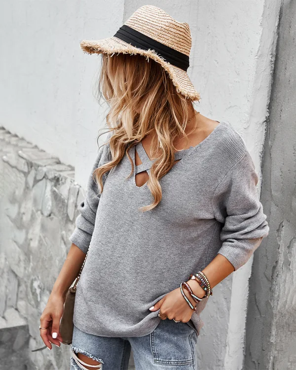 Sexy Fall Winter Beige Street Wear Sweaters 2021 Cotton V-Neck Regular Long Sleeve Women Tops