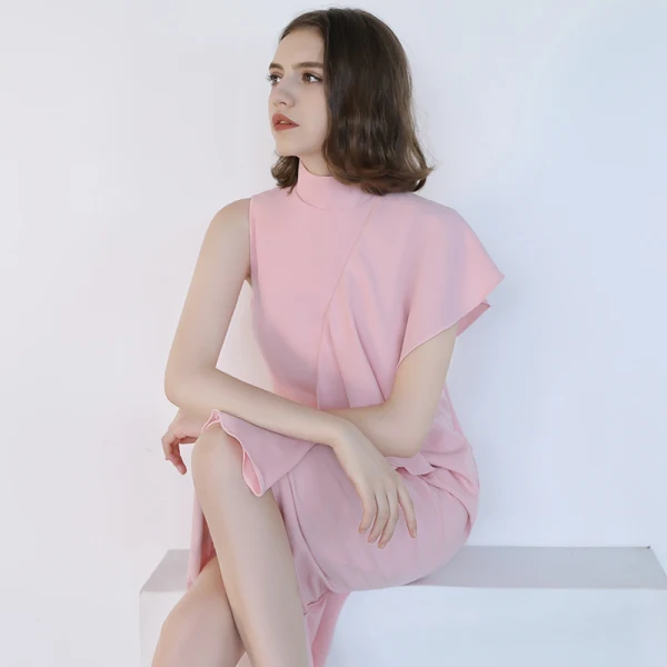 Simple Rougissant Rose Robe De Soirée 2018 Col Haut Sans Manches Thé Longueur Robe De Ceremonie