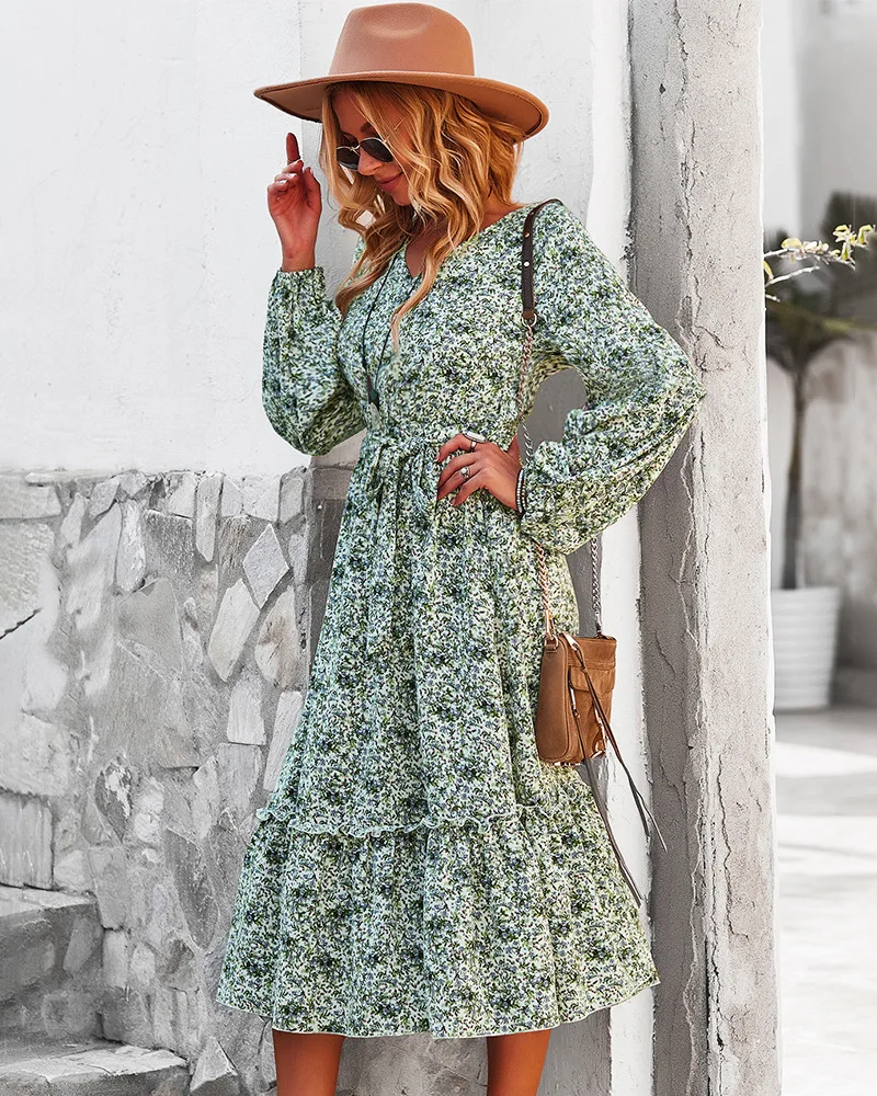 navy blue dress for baby girl Fall Winter Street Wear Sky Blue Regular Women Dresses 2021 Cotton V Neck  Long Sleeve Sash