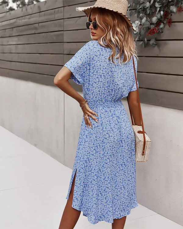 Bohemia Summer Spring Beach Resort Wear Street Wear Red Floral Women Dresses 2021 V-Neck Short Sleeve Loose