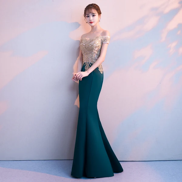 Elegant Dark Green Evening Dresses  2018 Trumpet / Mermaid Lace Beading Off-The-Shoulder Backless Short Sleeve Floor-Length / Long Formal Dresses