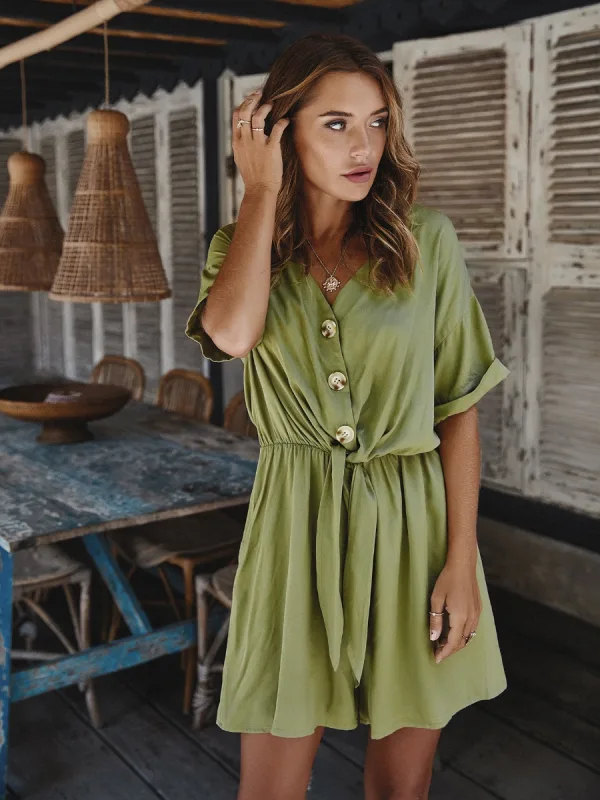 Summer Spring Casual Yellow Shorts Jumpsuit 2021 V-Neck Buttons Sash 1/2 Sleeves Loose