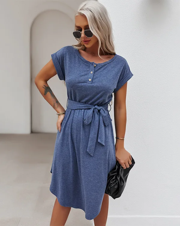 Casual Spring Summer Burgundy Women Dresses 2021 Scoop Neck Bow Short Sleeve Sash Loose