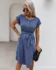 Casual Spring Summer Burgundy Women Dresses 2021 Scoop Neck Bow Short Sleeve Sash Loose