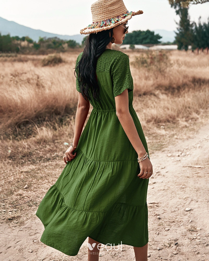 Casual Spring Summer Resort Wear Pool Blue Women Dresses 2021 V Neck Short Sleeve Sash Tea