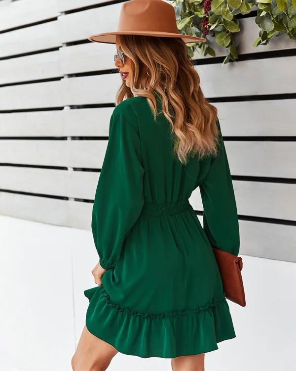 Chic / Beautiful Fall Winter Casual Dark Green Regular Women Dresses 2021 V-Neck Long Sleeve